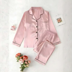 Baby Pink Silk Night Suit For Girls