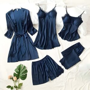5 Pcs Navy Blue Women Silk Nighty