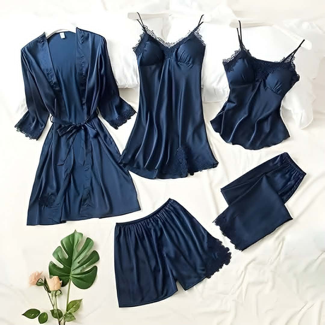 5 Pcs Navy Blue Women Silk Nighty