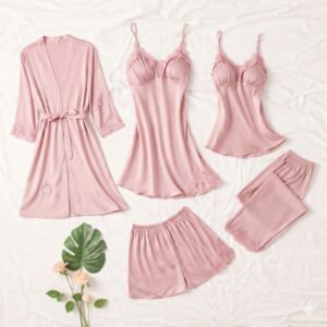 5 Pcs Baby Pink Women Silk Nighty