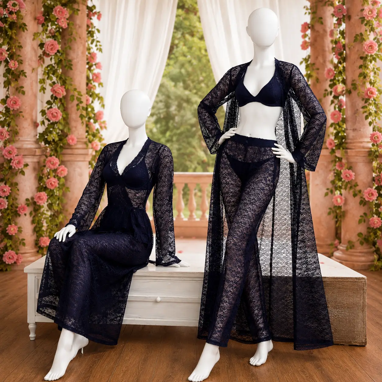 4 Piece Net Bridal Night Dress for Women – Navy Blue Lace Gown & Lingerie Set