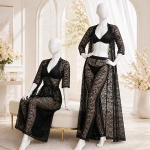 4 Piece Black Net Bridal Night Dress for Women