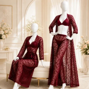 4 Piece Maroon Net Bridal Nighty for Women (2)