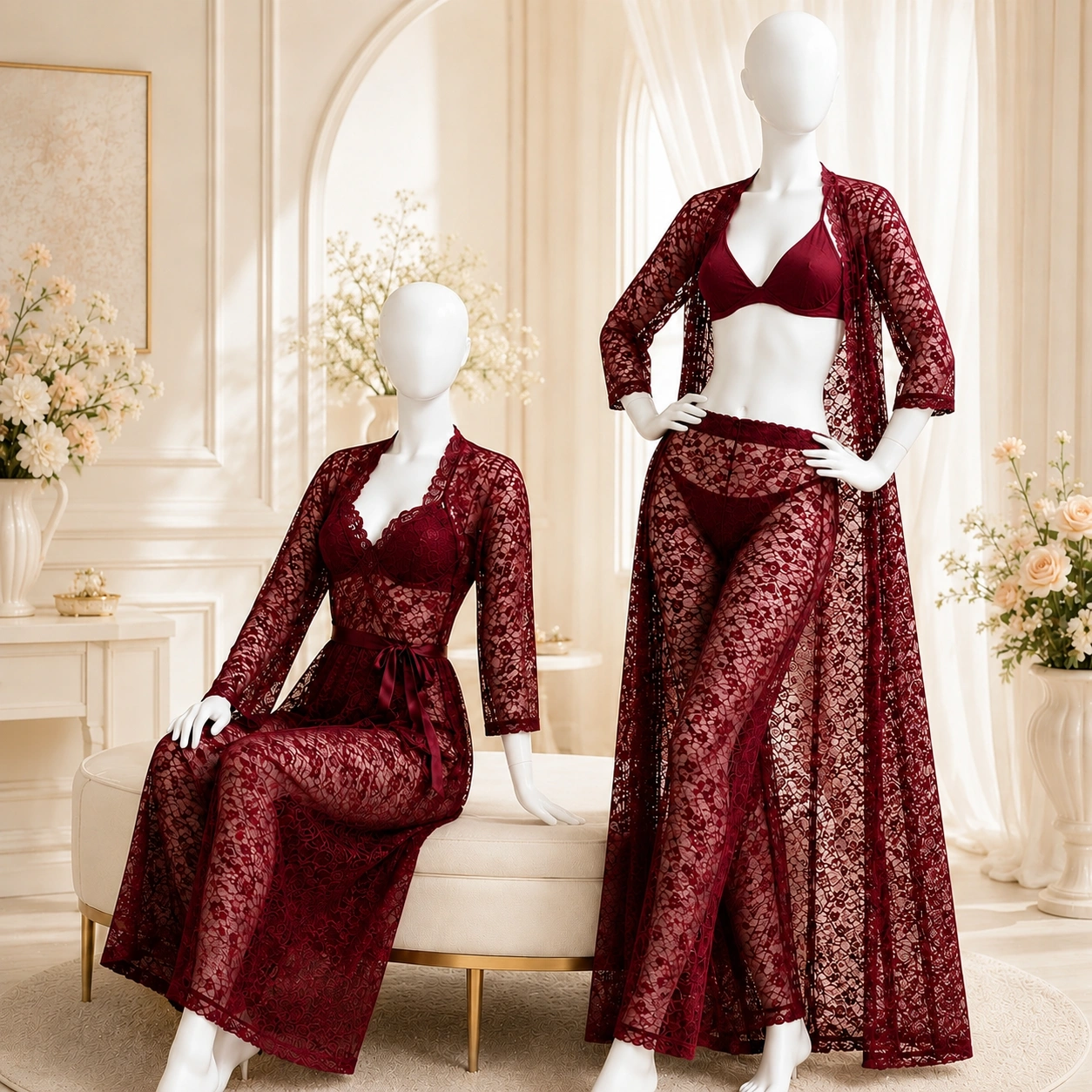 4 Piece Maroon Net Bridal Nighty for Women (2)