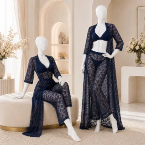 4 Piece Net Navy Blue Bridal Night Dress for Women