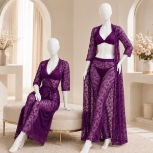 4 Piece purple Net Bridal Nighty for Women