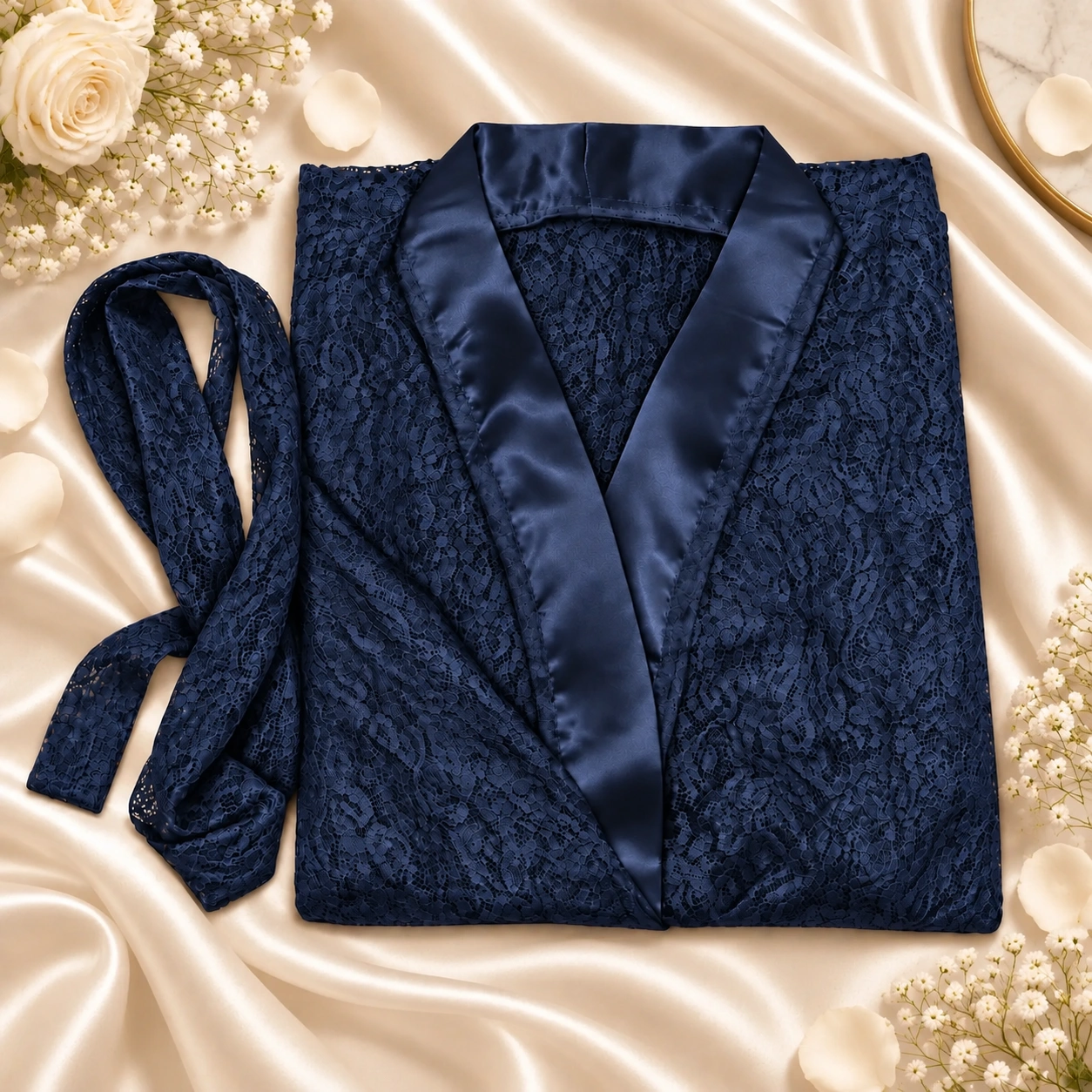 4 pcs net navy blue bridal nightsuit gown robe