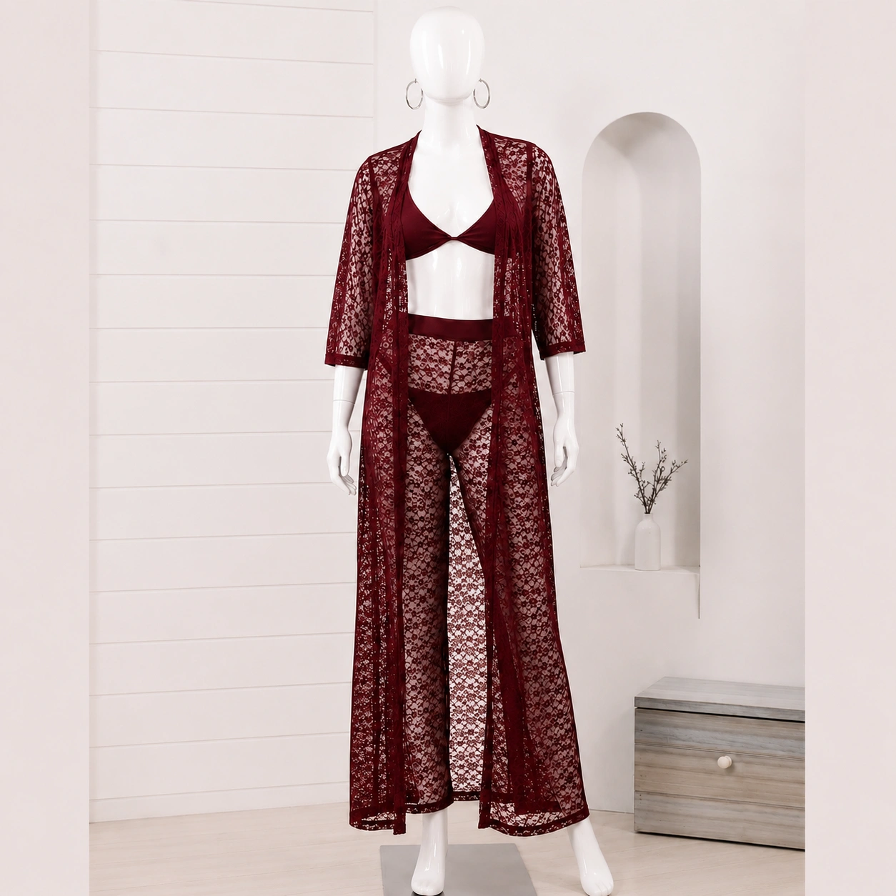 4 piece maroon net bridal nighty for women
