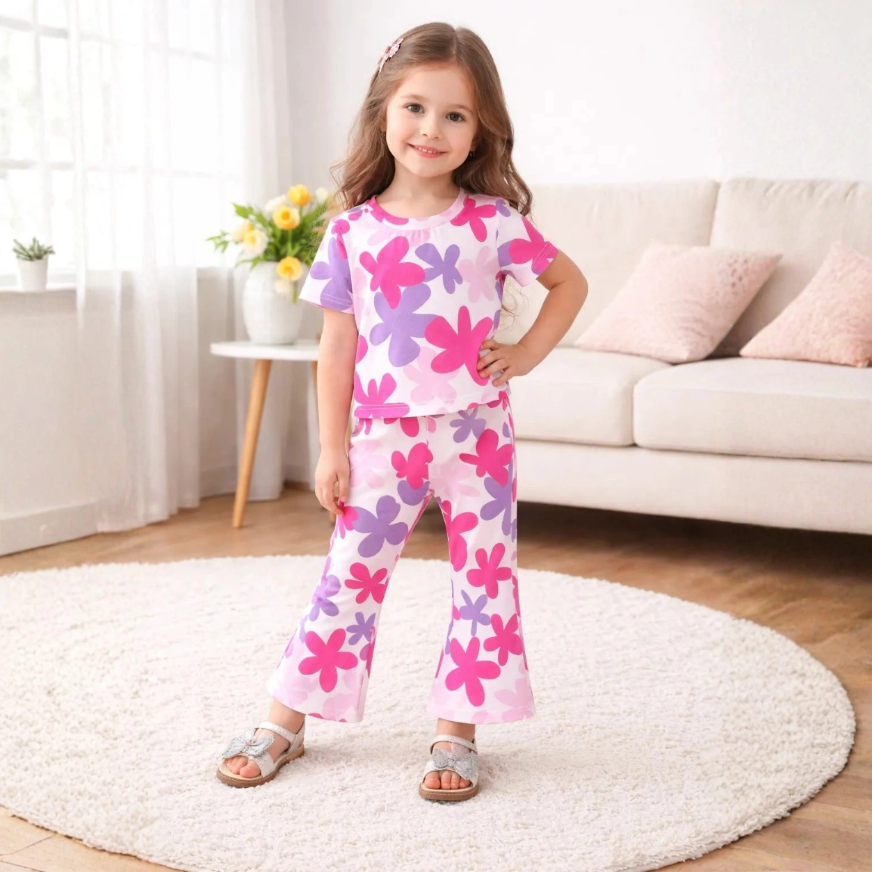 Girls Pink Floral Print 2 Piece Set