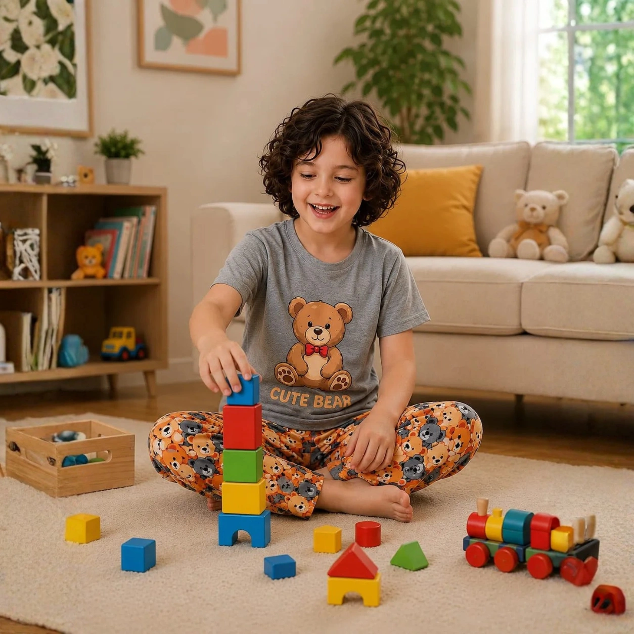 Kids Grey Bear Tee & Printed Trouser Set
