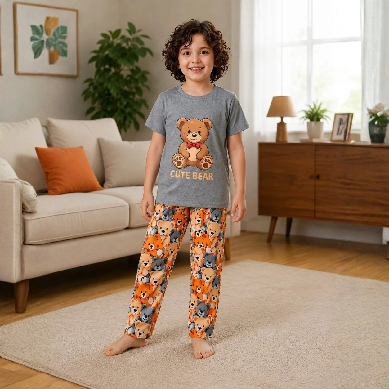 Kids Grey Bear Tee & Printed Trouser Set