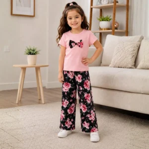 Kids Pink Bow Tee & Floral Trouser Set