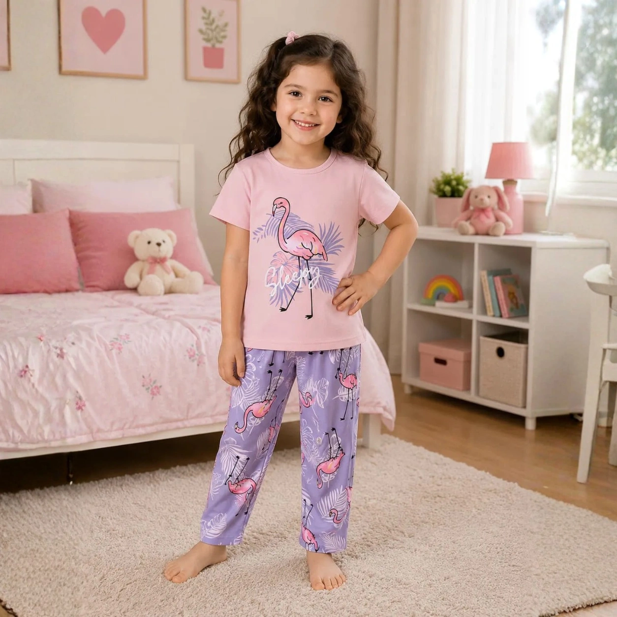 Kids Pink Flamingo Tee & Printed Trouser Set