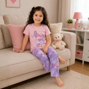 Kids Pink Flamingo Tee & Printed Trouser Set