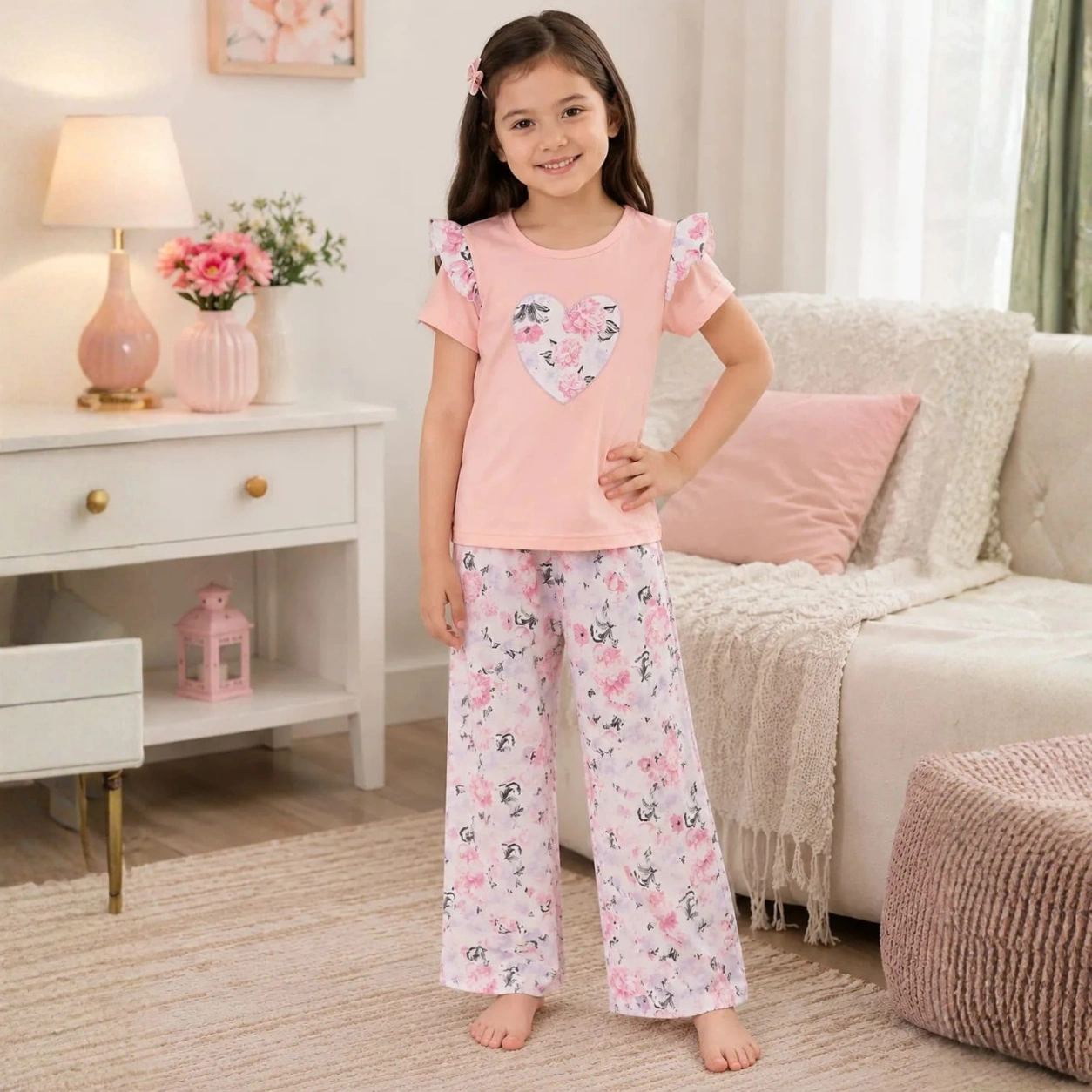 Kids Pink Floral Heart Nightsuit