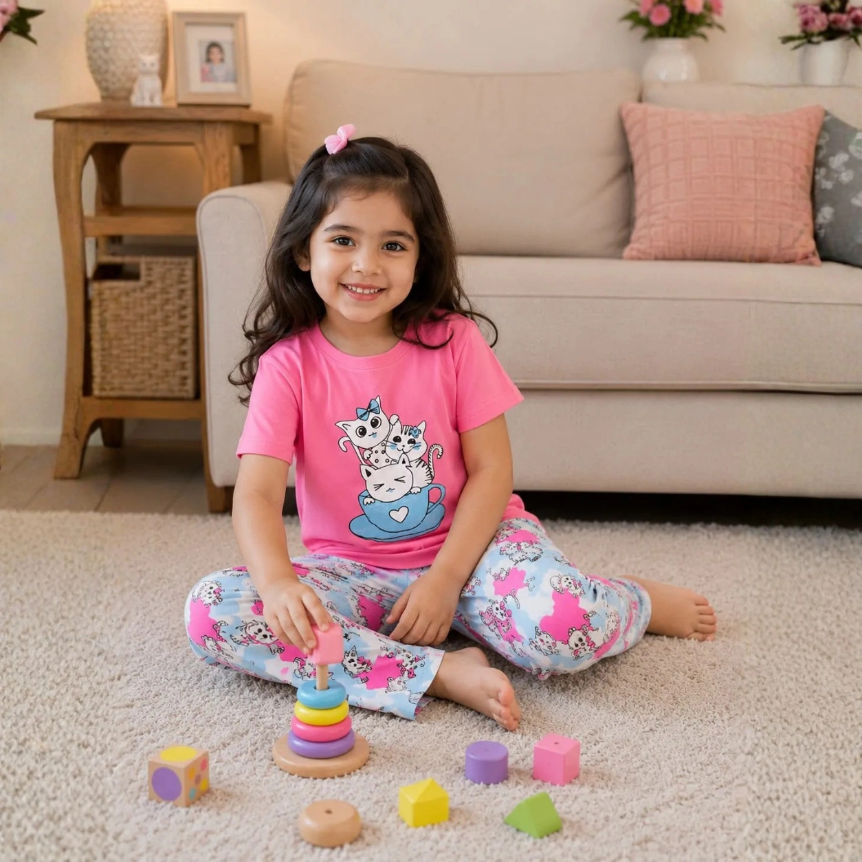 Kids Pink Kitten Graphic Trouser Set
