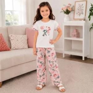 Kids White & Pink Peony Floral Short Sleeve Top & Printed Trouser