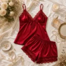 Red Cami Set with Lace Trim