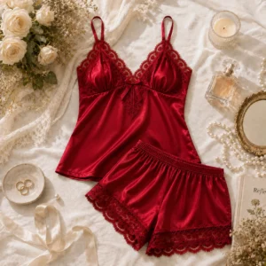 Red Cami Set with Lace Trim
