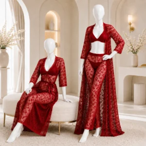 Shop 4 piece red net bridal nighty for women