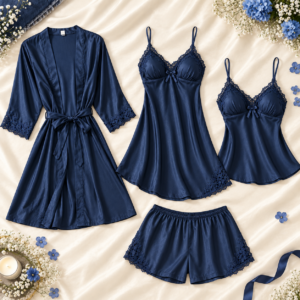 4 Piece Navy Blue Silk Nightsuit